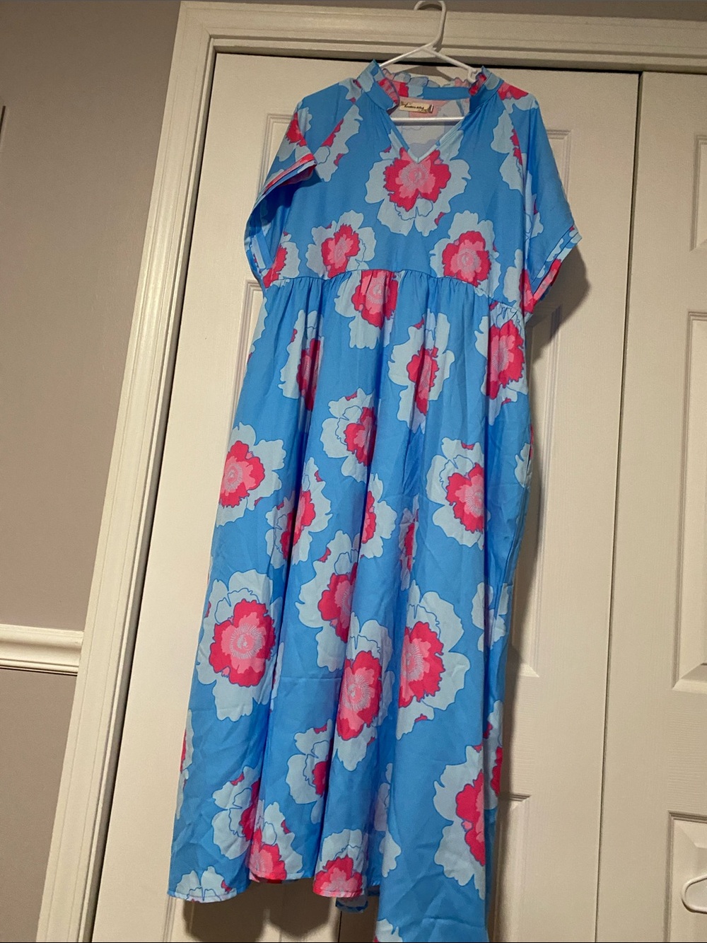 Bright Blue Floral Maxi Dress with Pink Blooms